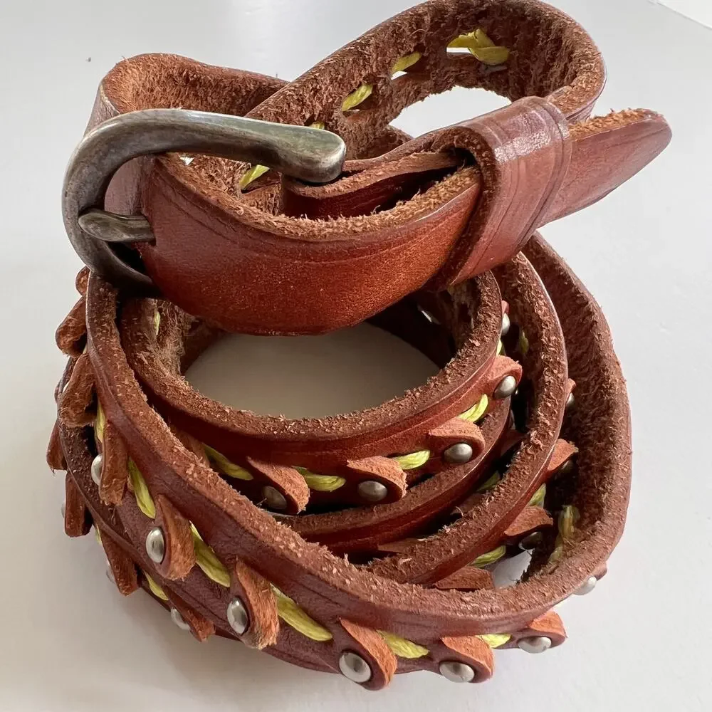 Leather Belt Brown Studded Braided Detail Boho Western | Size Large